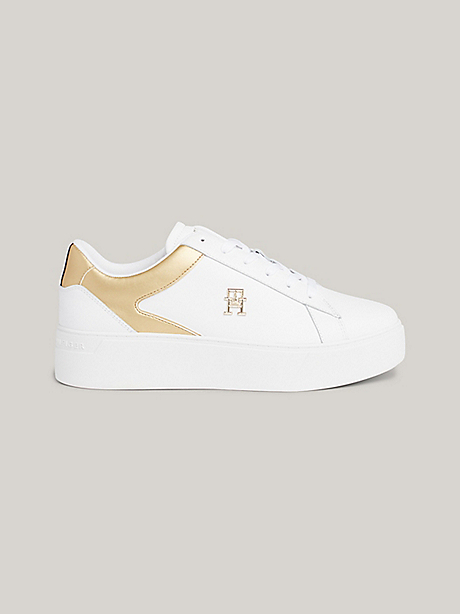 Tommy Hilfiger TH Platform Court Sneaker in White & Gold