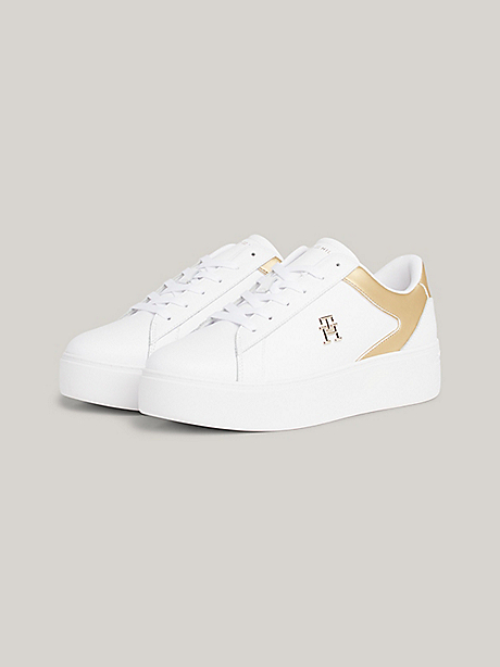 Tommy Hilfiger TH Platform Court Sneaker in White & Gold